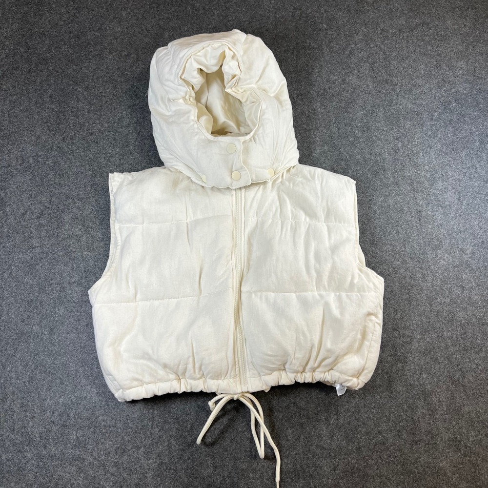 BDG Urban Outfitters Cream Linen Blend Cropped Puffer Vest Hooded Womens‎ Medium